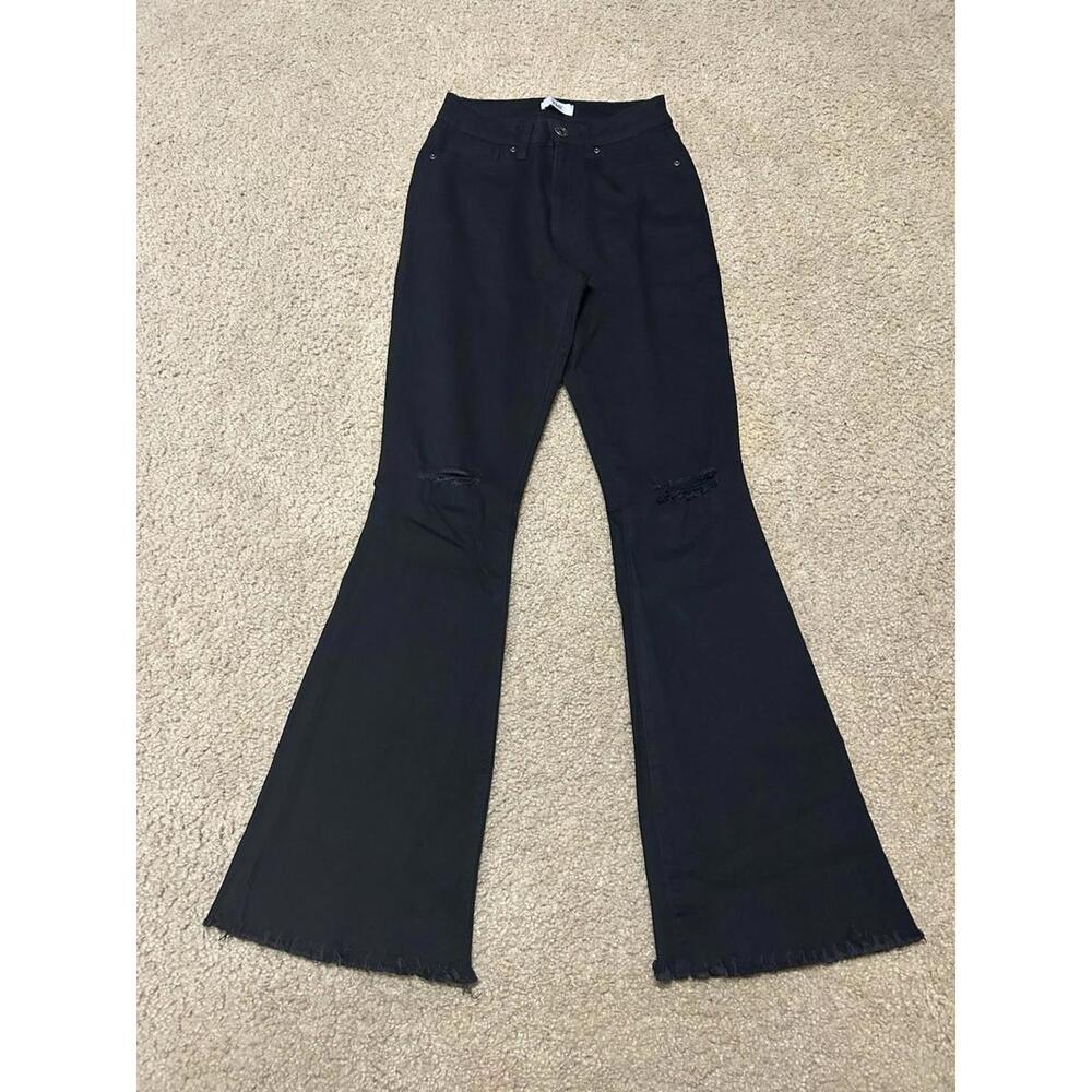 YMI Women’s Wide Leg Jeans Distressed Stretchy Black Size 3/26
